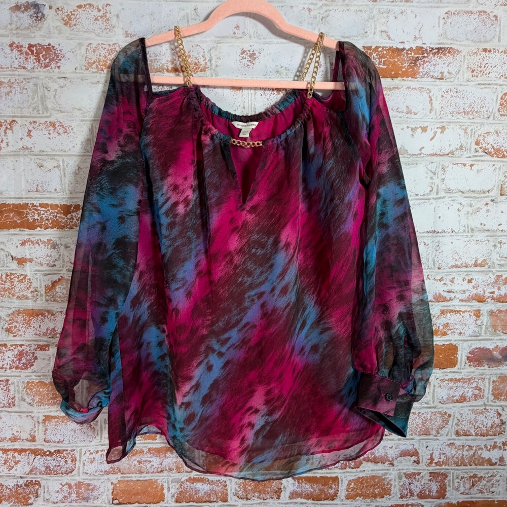 Boston Proper Chiffon Blouse Womens Large Magenta Teal Cold‎ Shoulder Chain Link